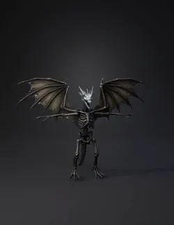 Skeletal dragon with wings and exposed bone structure dark bones blu