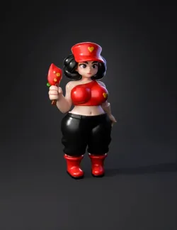 stylized character with red cap black outfit white skin and red acc