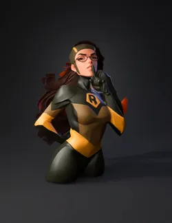stylized female superhero character with dark green suit and orange ac