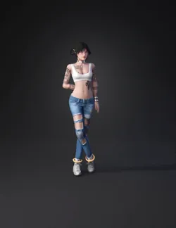 tattooed female avatar in white crop top and ripped jeans with boots