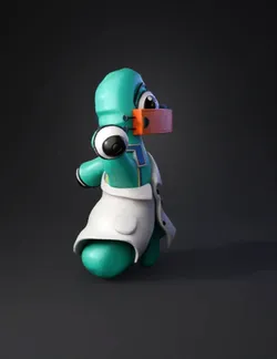 teal octopus wearing white lab coat with orange gadget
