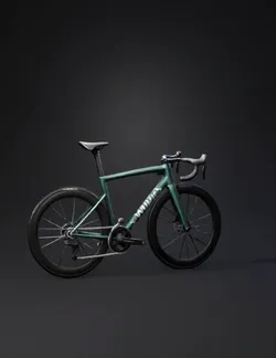teal road bike with carbon frame drop handlebars disc brakes deep s