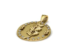 Majestic Oak Acorn Medallion Pendant - Diamond Halo Gold Relief