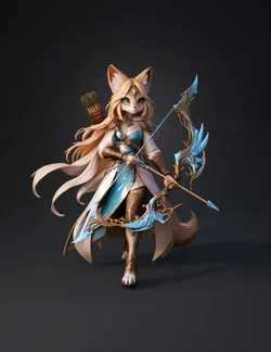 anthropomorphic fox archer in ornate blue and gold armor with glowing