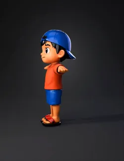boy character wearing orange shirt and blue shorts with blue cap