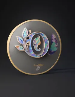 circle emblem with leaf motif and profile silhouette iridescent paste