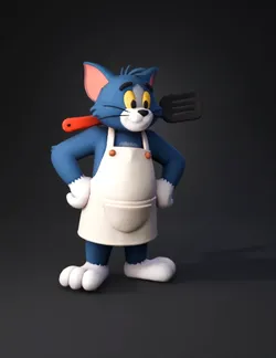 create a Tom cat wearing a chef aprons and holding a cooking spatule o