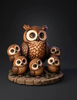 family of stylized brown owls perched on a stone pedestal with detaile