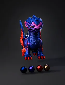 ornate dragon figure with blue and purple body and red flame accents