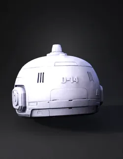 white spherical robot with red beacon D 14 label black underside