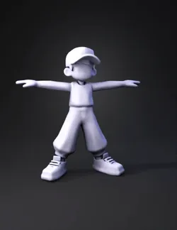 create a symetrical cartoon low poly small boy he wearing a cap and a