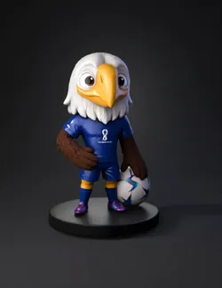 eagle mascot character wearing blue soccer jersey with a soccer ball o