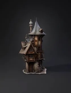 fantasy wooden house tower with timber framing stone foundation and