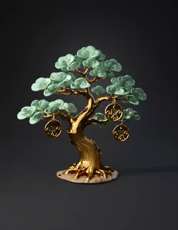 golden money tree with emerald leaves and hanging coin ornaments deco