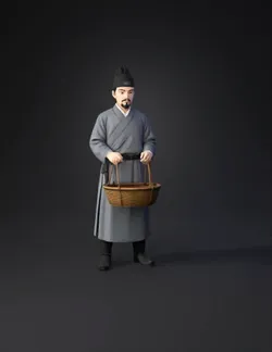 man wearing a traditional gray robe holding a woven basket