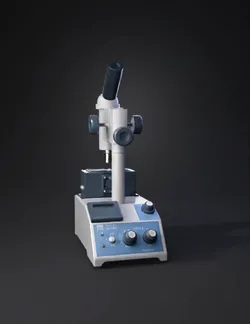 microscope with white base and blue control panel angled eyepiece an