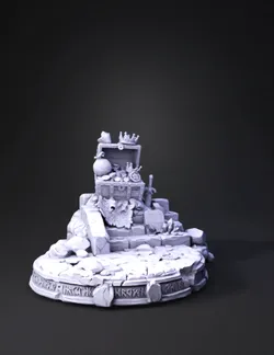 treasure chest on a stone pedestal overflowing with coins adorned wit
