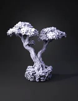 twisted bonsai tree sculpture with gnarled roots and dense foliage in
