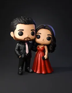 two stylized humanoid figurines in formal attire man in black suit wi