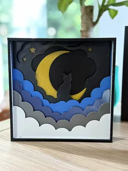 Cat on the Moon Shadowbox – Layered Night Scene