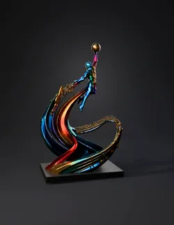 colorful polygonal sculpture of a musician leaping with a raised ball