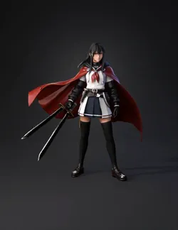 Create a Black Very Long Hair Serious Face Red Eyes Black Sleeves Glov