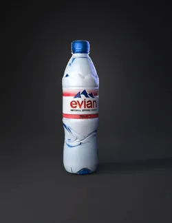 Evian water bottle with blue cap and pink label 500 ml clear plastic