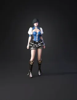 female character wearing a blue corset with white sleeves black layer