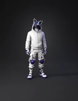 hooded humanoid figure wearing white hoodie with purple armored joints