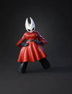 humanoid character with white mask red dress and black gloves