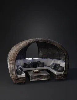 round wicker outdoor sofa set with cushions in beige and white near th