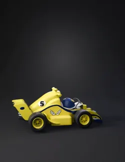 yellow race car toy model with blue cockpit and black tires