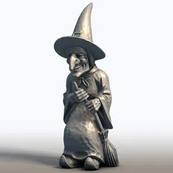 Elderly Witch with Broom Sculpture – Wise Witch Statue – Mystical Crone with Broomstick