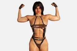 bodybuilder woman in leather suit