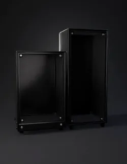 two black metal enclosure cabinets with screws and hollow interiors m