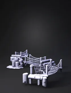 wooden rope bridge playground prop with stone edging on green lawn