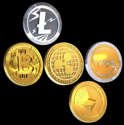 cryptocurrency physical coins - XRP, BTC, LTC, ETH, TYM