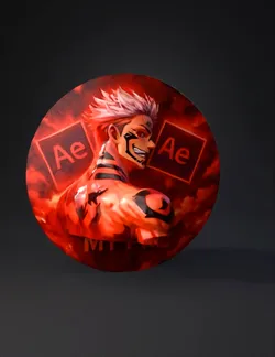 round red circular badge featuring anime character artwork fiery back