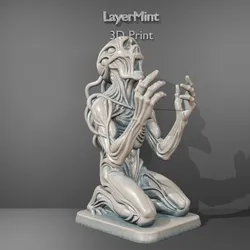 Sculptures & Artworks STL Descărcare - Demon Phone Holder STL – Kneeling Evil Sculpture with Raised - LayerMint