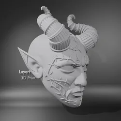 Sculptures & Artworks STL Descărcare - Horned Demon Mask with Braided Horns STL File – Fantasy bust - LayerMint