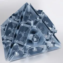 Vaguely pyramidal thin walled abstract shape with many large internal cavities.