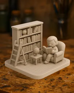 Cozy Reading Nook Diorama – Mini Library Scene with Bookshelf & Cute Reader