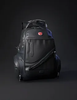 black backpack with multiple zip pockets front diagonal pocket side