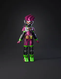 pink armored humanoid character wearing neon green accents white and