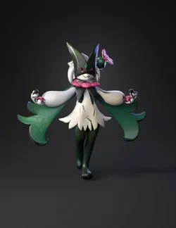 plant creature character with leafy green cape and pink flower accesso