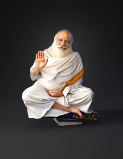 elderly religious guru seated cross legged in white robes with gold be