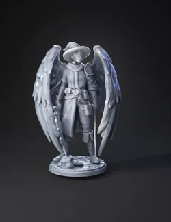 winged armored knight figurine with large feathered wings standing on