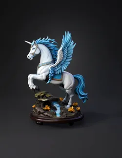 winged unicorn statue with blue mane and wings on rocky diorama with s