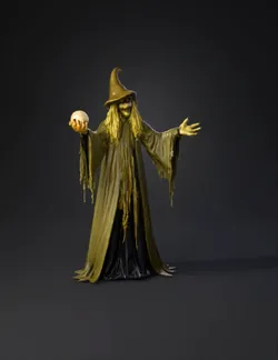 witch figure in dark green robe holding glowing orb long tattered sle