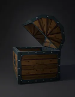 wooden treasure chest with iron bands open lid low poly texture